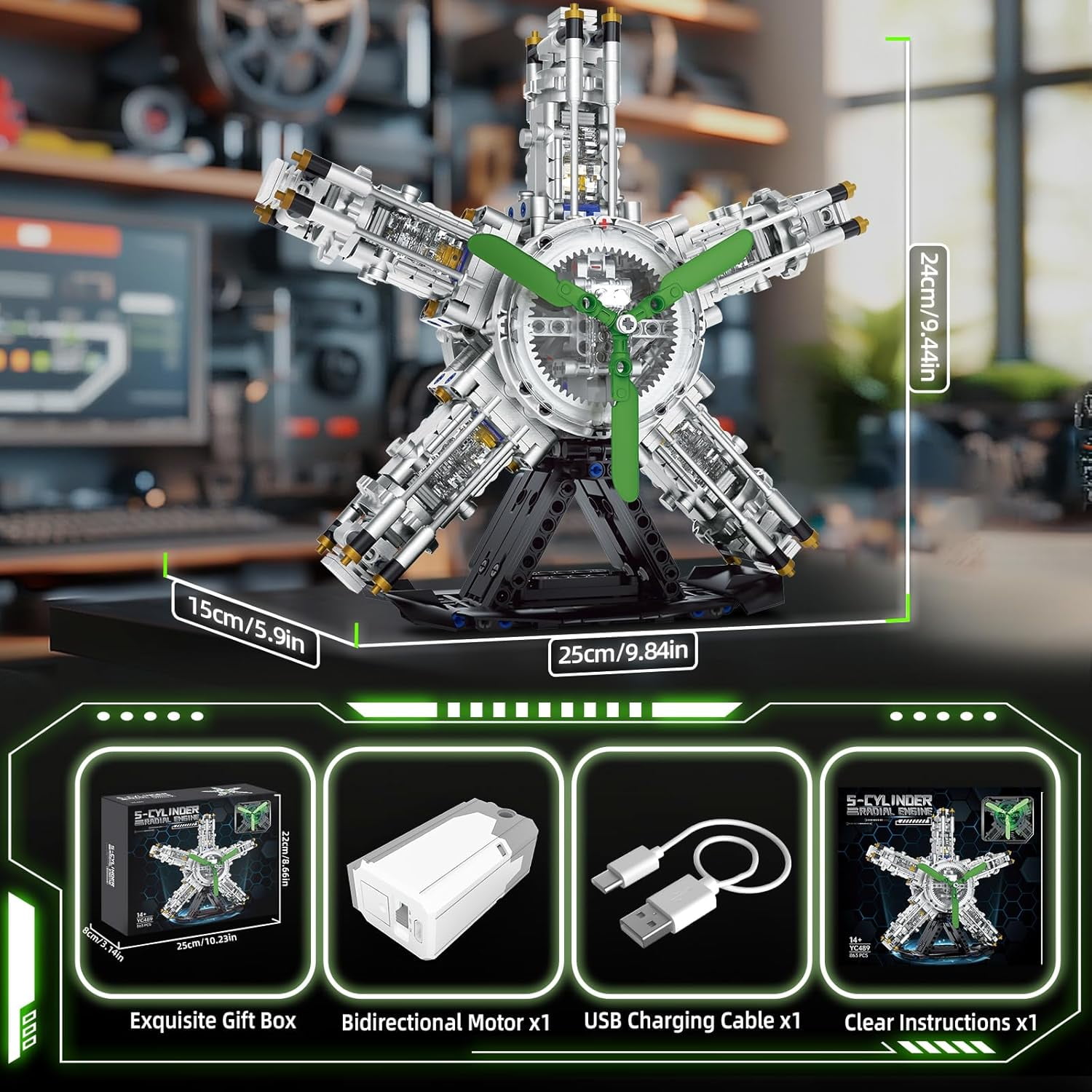 5-Cylinder Radial Engine Building Set, Build Your Own Mini Military Plane Engine Model Kit That Runs, Compatible with Lego WW2, STEM Toy