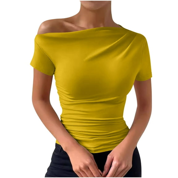 Women One Shoulder Ruched Short Sleeve T Shirt Summer Fashion Casual Solid Color Slim Fit Tee Top Streetwear