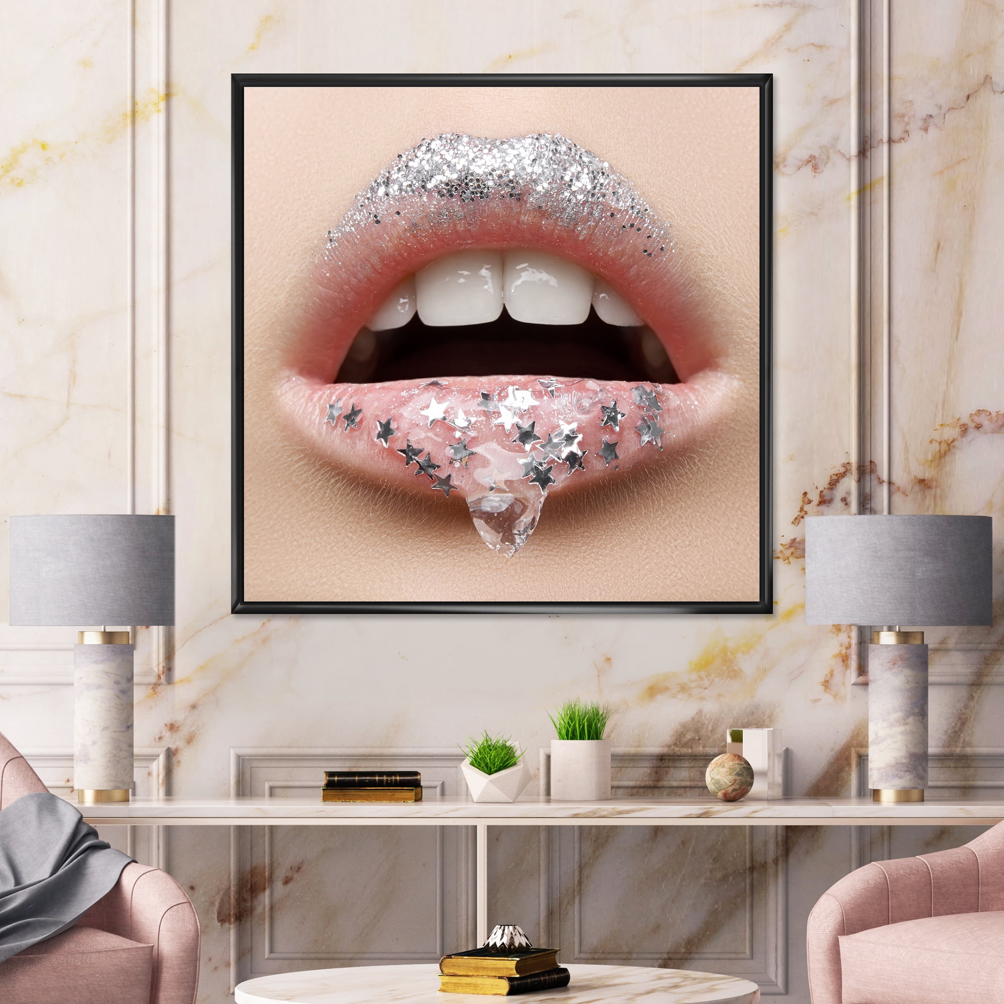 Designart 'Woman Lips With A Gel On The Lips & Stars' Modern Framed Canvas Wall Art Print