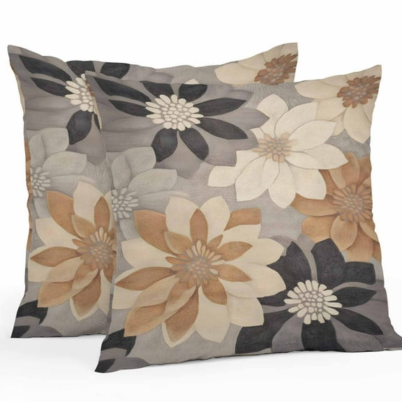Waterproof Throw Pillow Covers Set of 2, 18x18 Inch Burnt Orange Grey Decorative Pillowcases Outdoor Pillow Slip Cushion Covers Set for Couch Tent Retro Spring Floral Botanical