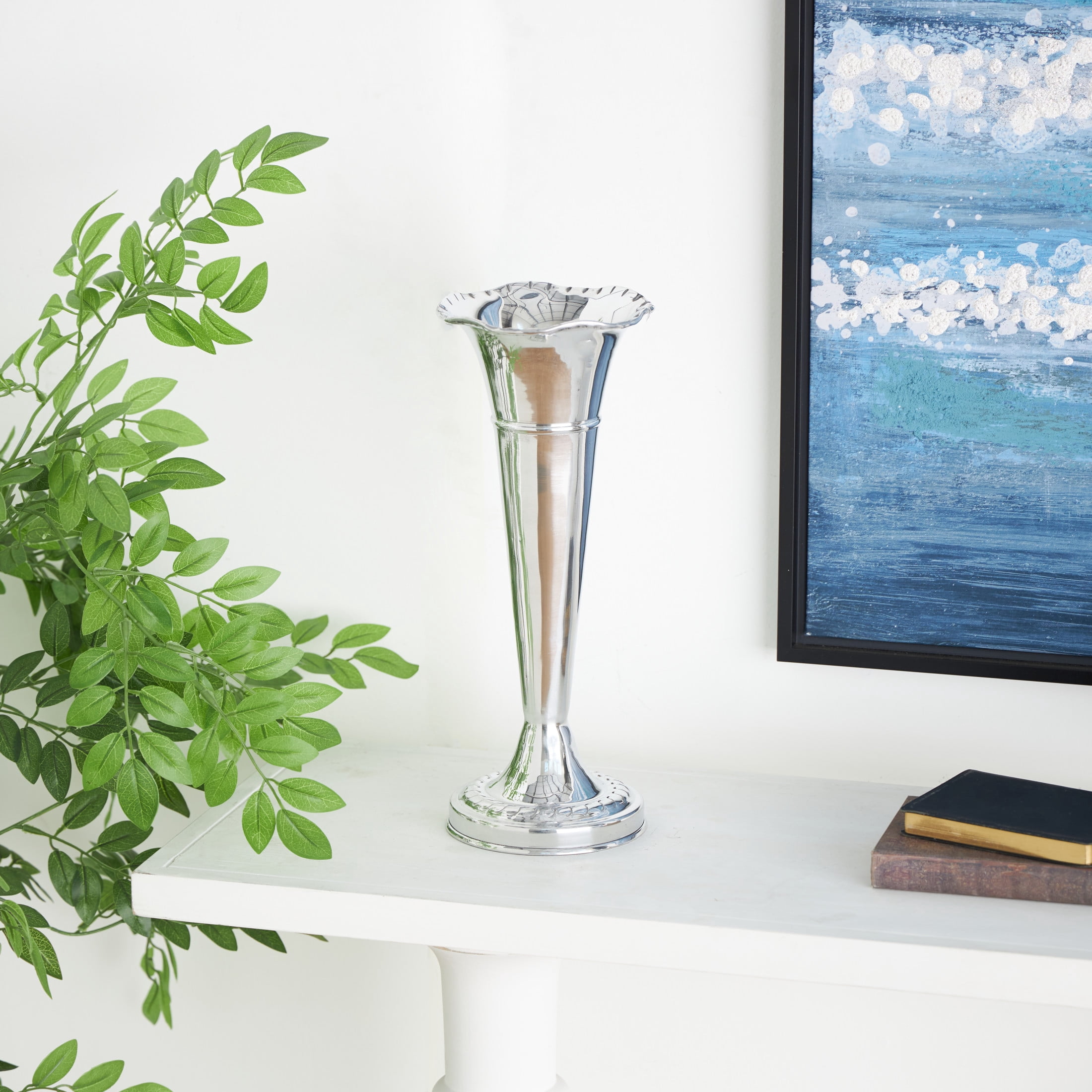 DecMode 15" Flute Shaped Silver Aluminum Metal Vase