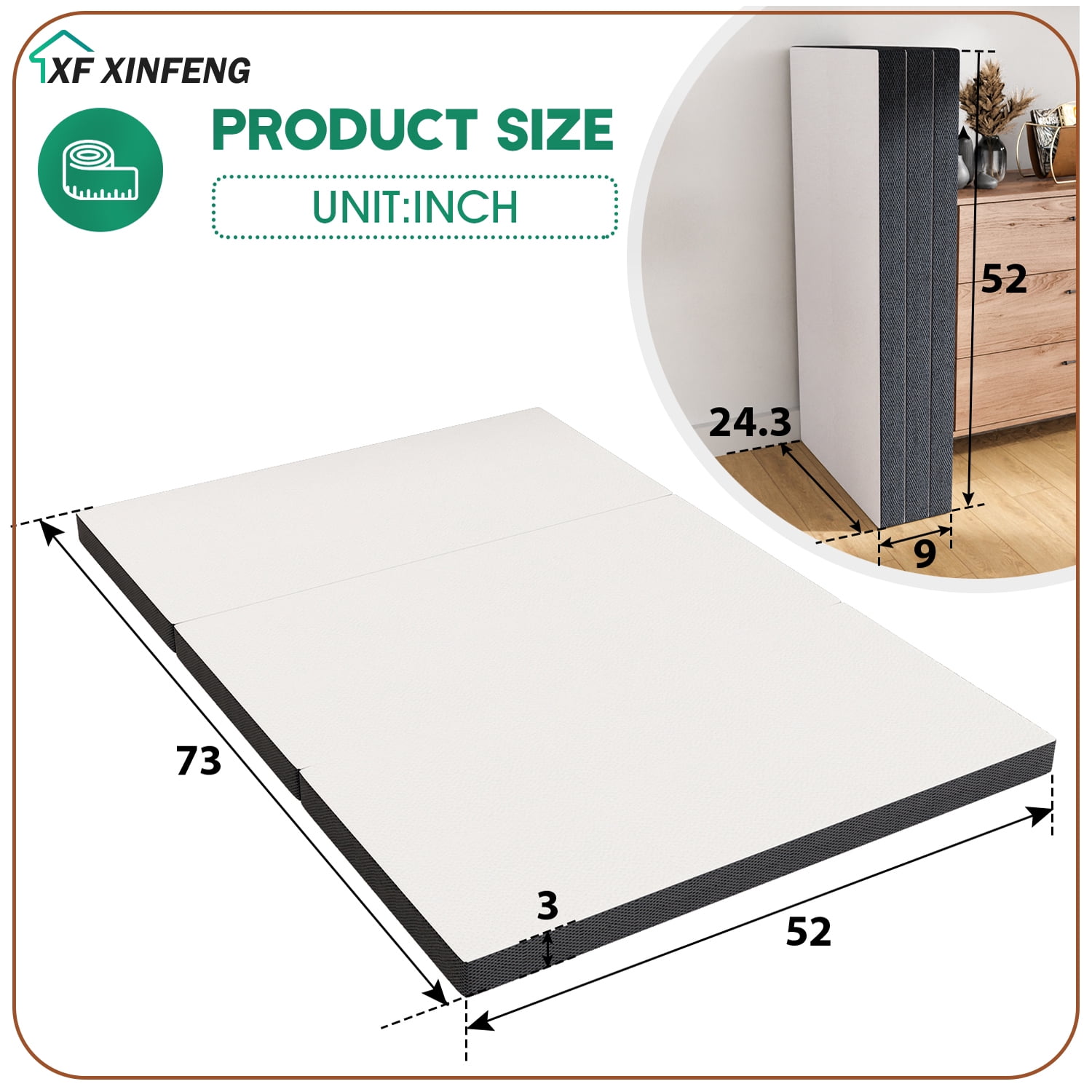 XF XINFENG 3 Inch Tri Fold Memory Foam Full Mattress, Portable Foldable, Medium, Topper with Washable, Cover Non-Slip Bottom for Camping Guest Floor RV, White, Full