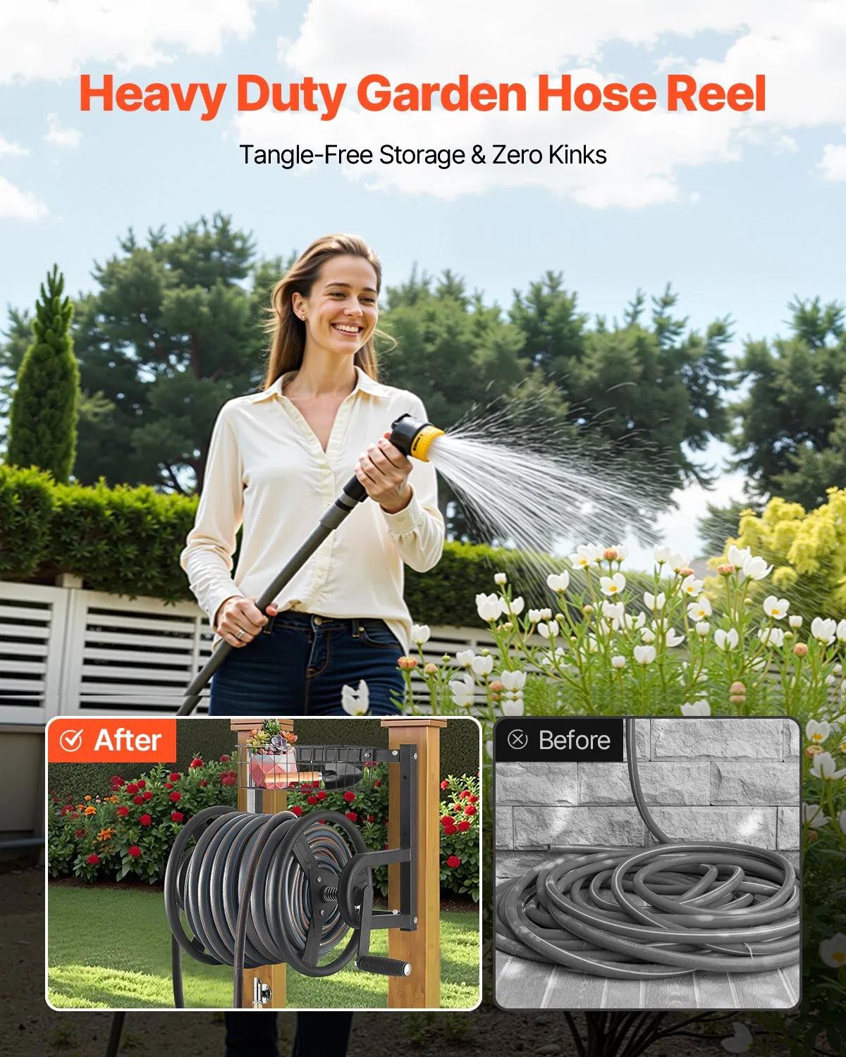 Wall Mounted Garden Hose Reel 125ft 5/8 in Hose Holder Brass Fitting & Basket
