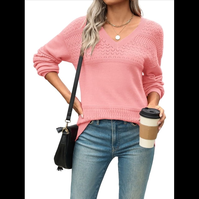Suéter Informal de Larga con Cuello en V, Tejido Acanalado y Crochet Ligero para Mujer (Otoño 2025) Rosa XXL