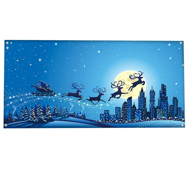 7x8 pies Noche santa Navidad Póster para puerta de garaje exterior Noche azul del trineo Ciervos Gran decoración navideña Funda de poliéster para puerta de Navidad Papá Noel, renos y muñeco de nieve