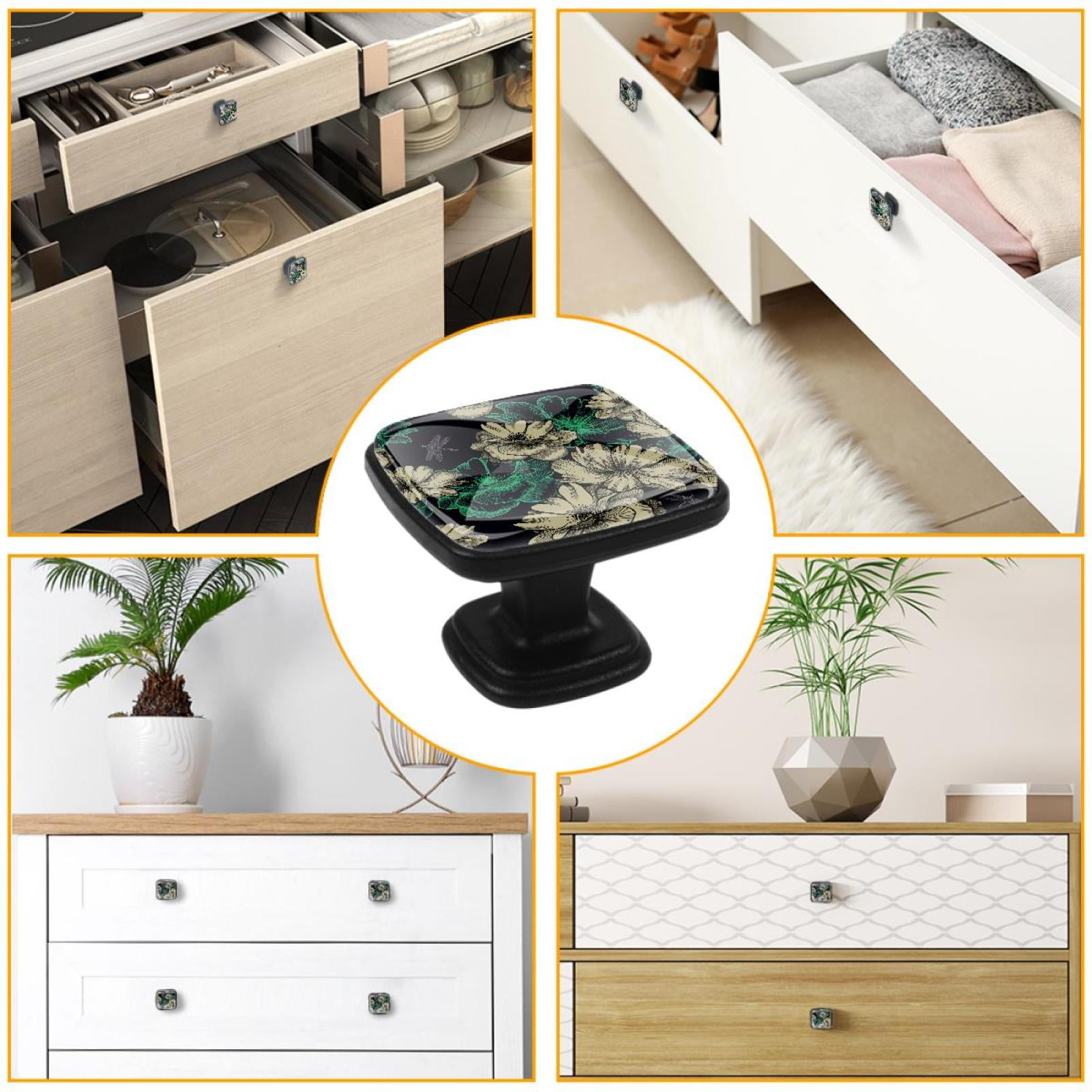 4 Pcs Cabinet Handle Drawer Pulls Roses Dragonflies Knobs with Screws Square Furniture Office Cabinet Knob Decoration