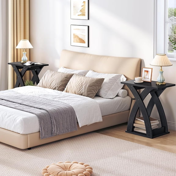 Narrow End Tables Set of 2, X-Design Side Tables with Storage Shelf, Slim Night Stand for Small Space Living Room Bedroom Black