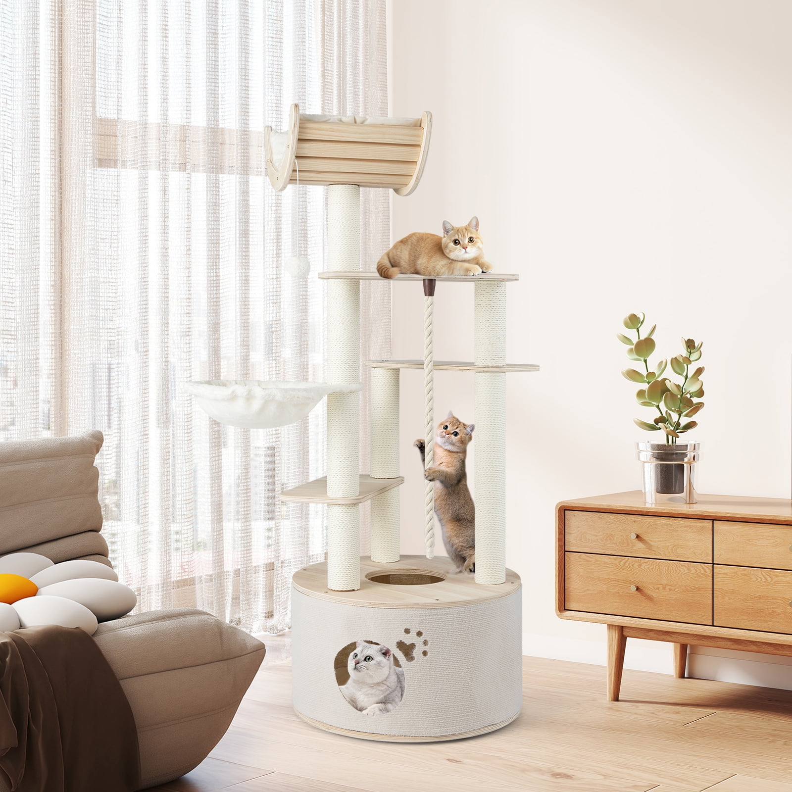 Gymax 55.5'' Tall Wooden Cat Tree for Indoor Cats w/Condo Curved Perch Hammock