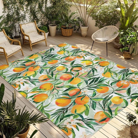 Summer Orange Outdoor Rug 4x6 Ft - Reversible Patio Rug Outdoor Camping Rugs, Pastoral Fruit Botanical Flowers Washable Indoor Outdoor Area Rugs, Non-Slip Outdoor Carpet Runner for Deck/Porch