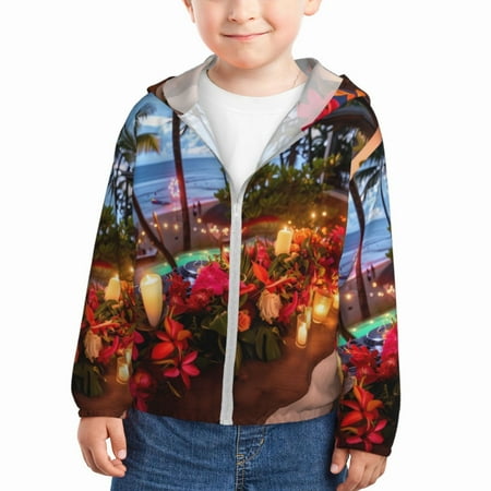 

Gaeub Tropical Beach Candlelight Print Athletic Sun Protection Hoodie for Kids Long Sleeve Outdoor UV Shirt Running Fishing Top for Boys Girls-5 Years