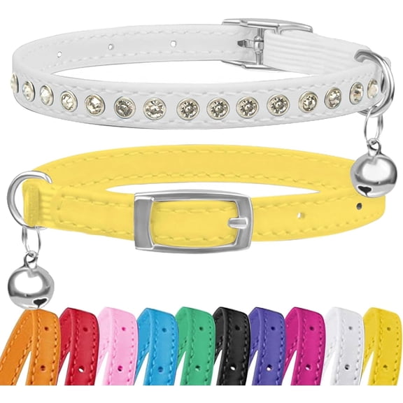 2 Pack Cat Collars with Bells, Rhinestones Leather Cat Collar with Elastic Strap, Kitten Collar, Adjustable Diamond Cat Collar for Girl Boy, 7.5" - 11.5", Rose Red and Purple