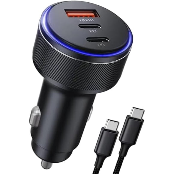 AoVoTo USB C Car Charger,90W 3-Port Dual USB-C & USB-A Car Power Adapter,Includes a Fast Charging Cable for iPhone 16/15/14/13/12/11/Pro Max, iPad, Samsung Galaxy, Google Pixel and Android Devices