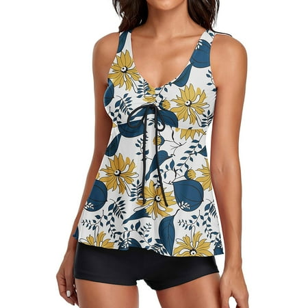 IDALL Tankini Swimsuits Bathing Suit Two Piece Floral Print Tank Top With Boyshorts Tummy Control Swimming Suits Swim Suits for Women Camisole Tops White 2XL(Clearance Sales)