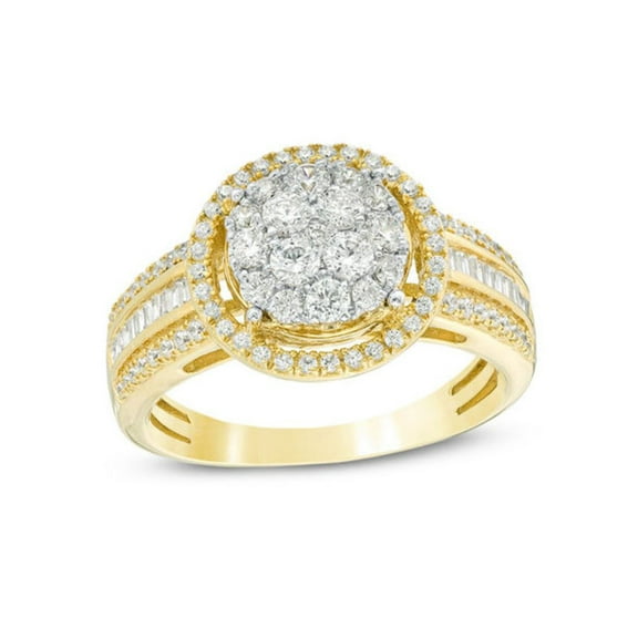 JewelMore 1 Carat Diamond Round Halo Engagement Wedding Ring Yellow Gold in 10K