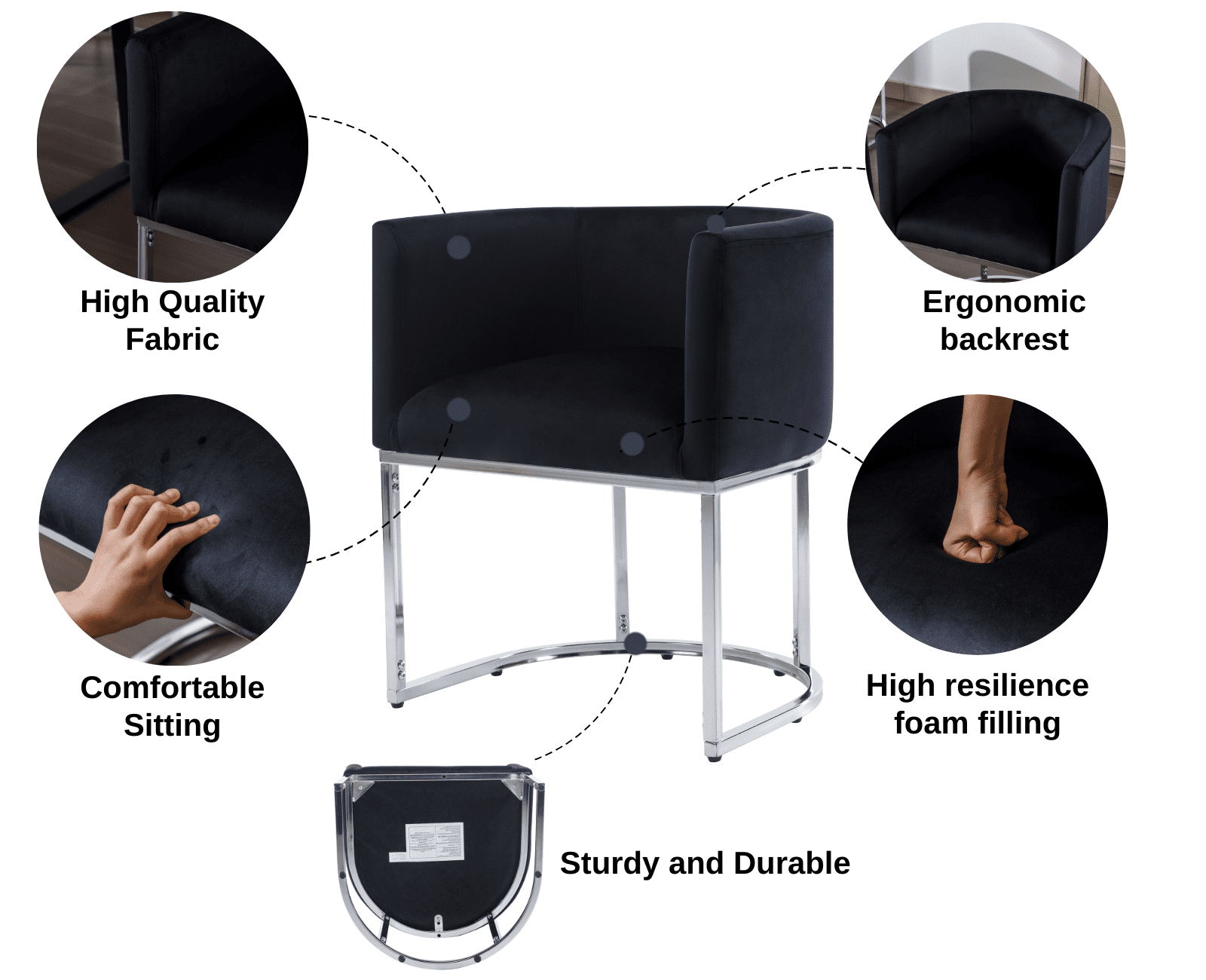 Guyou Modern Velvet Dining Chair, Mid-century Upholstered Barrel Kitchen Chairs Fabric Side Chair with Metal Legs and Curved Back for Living Room Dining Room Bedroom, Black