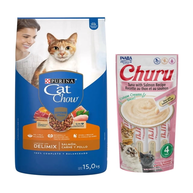 Cat Chow Delimiix Defense Plus 15 kg + Churu Snack Salmon y Atun 14 g (4 Pzas.)