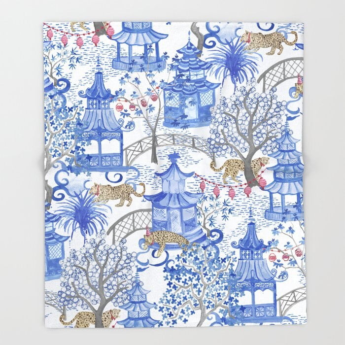 Ancient China Blue Willow Blanket Blue Chinoiserie Toile Throw Blankets