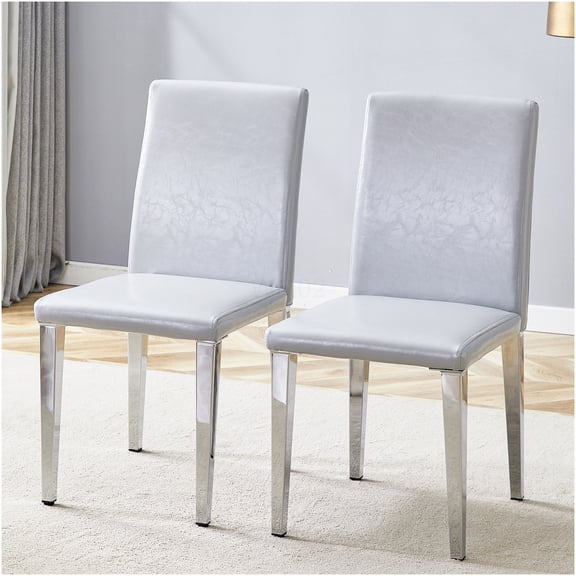 COSMOS Modern Light Gray PU Leather Dining Chairs Set of 2, Minimalist Accent Chairs with Silver Metal Legs for Kitchen Dining Room