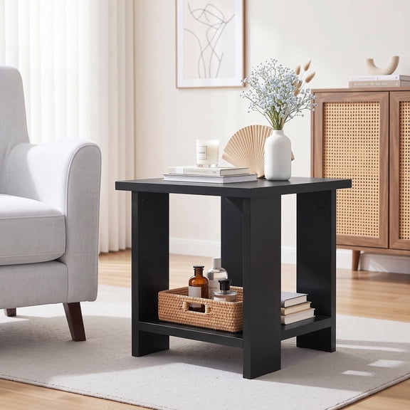 VECELO 2-Tier Square End Tables, Small Side Table, Modern Wood Nightstands for Living Room&Bedroom, Black