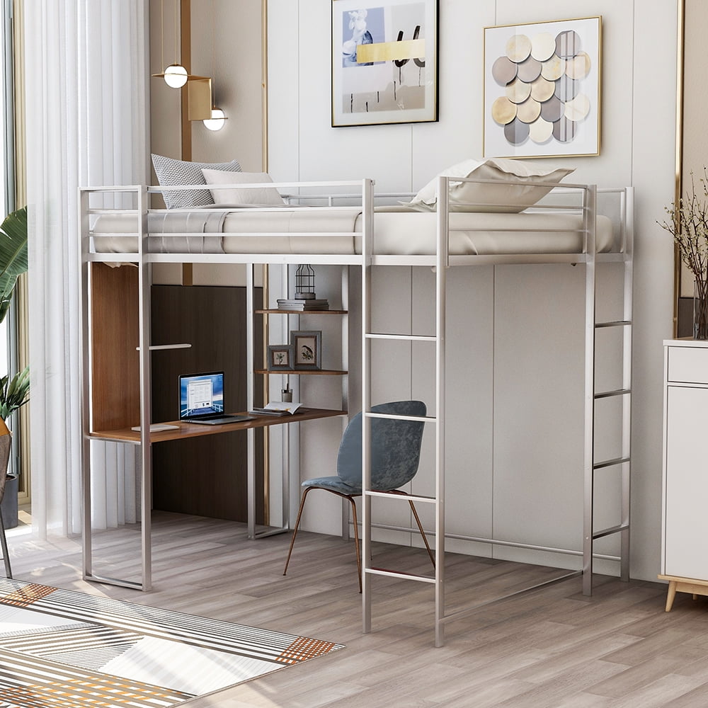 Kepooman Full Size Metal Loft Bed with 2 Shelves and one Desk ,Silver Kepooman Full Size Metal Loft Bed with 2 Shelves and one Desk ,Silver