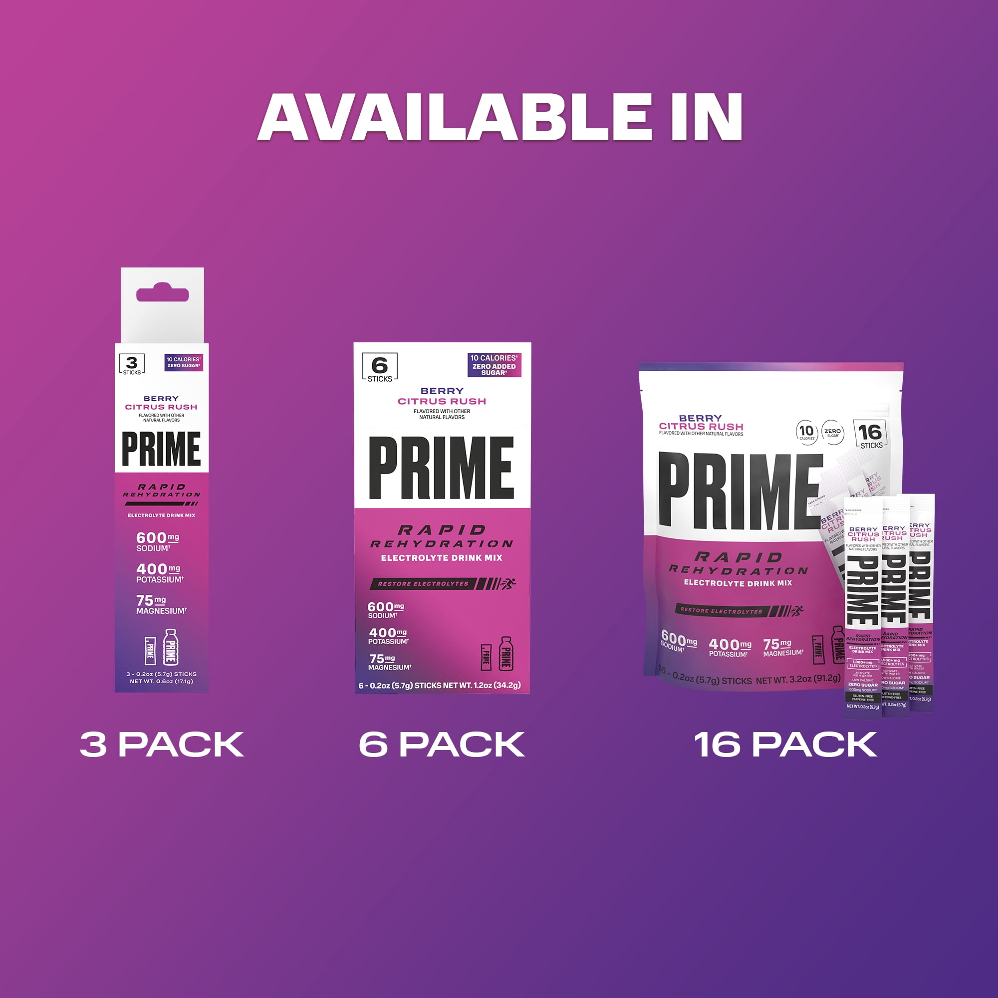 Prime Rapid Rehydration Sticks, Berry Citrus Rush, 16ct, Bag