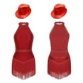 thumbnail image 2 of Miutii Kids Girls Jazz Latin Dance Leotard Dress Sleeveless Shiny Sequin Tassel Bodysuit with Hat Burgundy L, 2 of 9