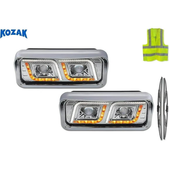 Kozak LED DRL Dual Chrome Projector Headlights Set Compatible with 357 365 378 379