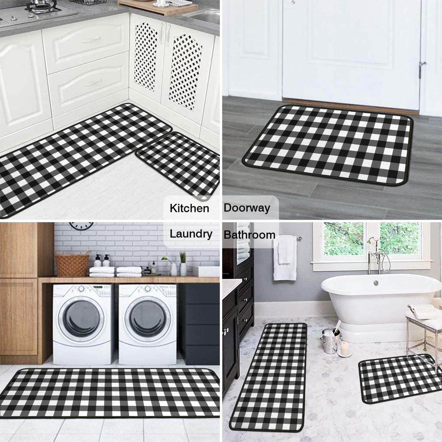 2 Pieces Buffalo Plaid Kitchen Rugs Set Farmhouse Decor Kitchen Mat Black and White Rug, Water Absorb Microfiber Washable Runner Rugs Decoration Checkered Mats,17"x 47"+17" x 30"