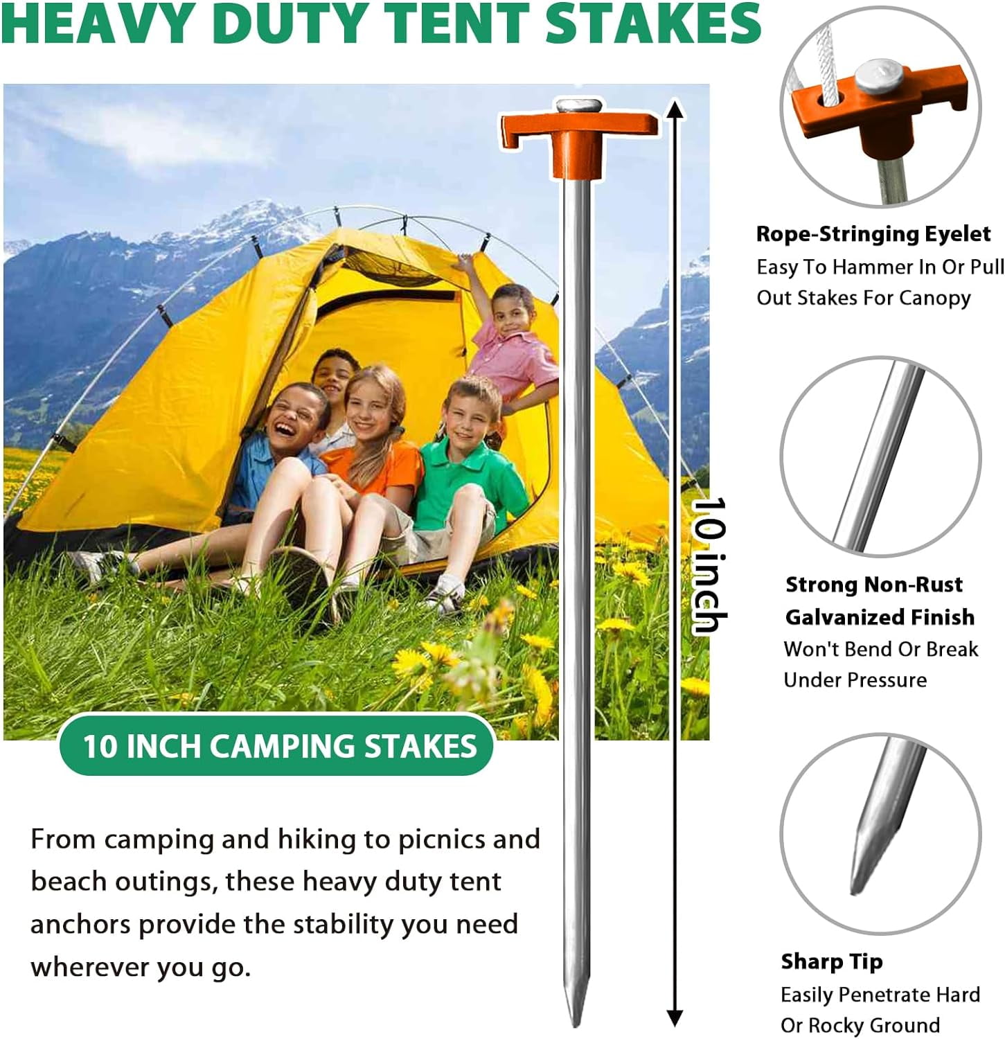 MHAWBL-USA Galvanized Non-Rust Camping Family Tent Pop Up Tent Stakes Canopy Anchors Heavy Duty 10pc-Pack, with 4x10ft Ropes & 1 Orange Stopper