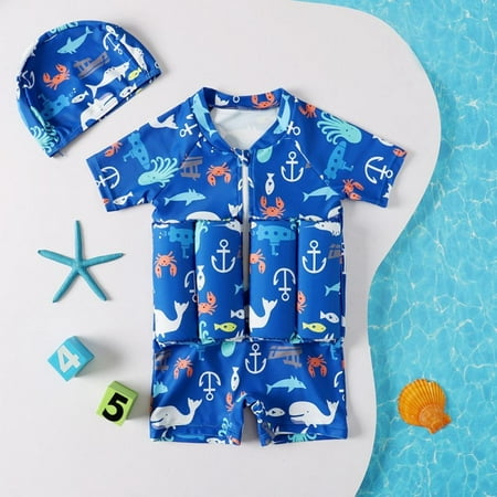 

Uccdo Little Boys Girls One Piece Rashguard Float Suit With Swim Cap Kids Floral Cartoon Zip up Buoyancy Swimsuit + Hat 2 Pieces 2-6 Years
