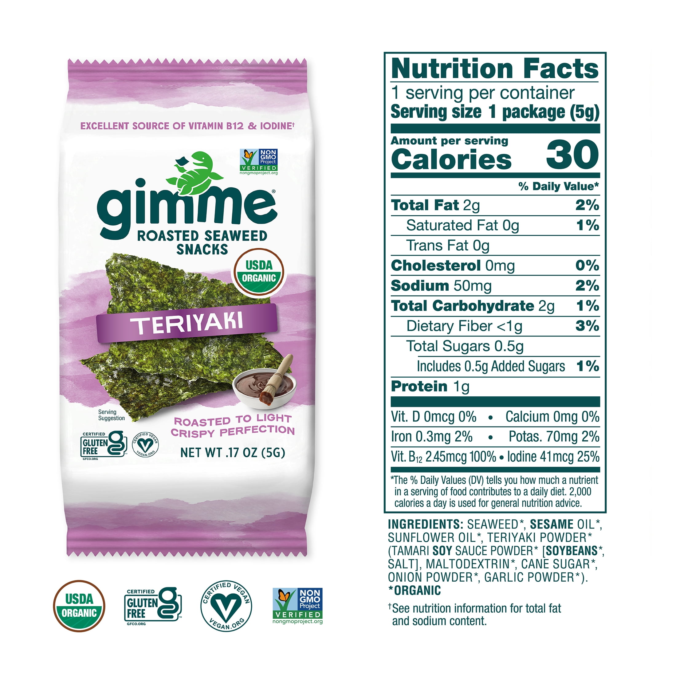 (6 pack) Gimme Organic Roasted Seaweed Snacks, Teriyaki Flavor, 4 Count, Light and Crispy