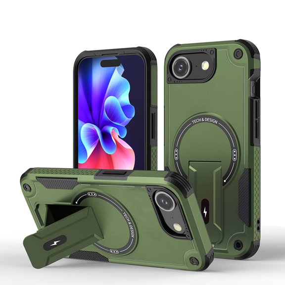 Rugged Case for iPhone 16e Compatible with Mag-Safe, Heavy Duty Shockproof Magnetic Cover with Kickstand and Lanyard, Drop-Proof Military-Grade Protection Case for iPhone 16e, Armygreen