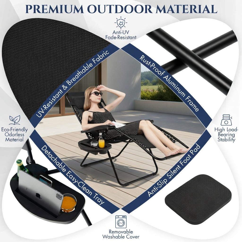 Hommoo Zero Gravity Folding Lounge Chair for Outdoor & Indoor Use – Adjustable Recliner with Removable Tray, Cup Holder & Headrest, Black