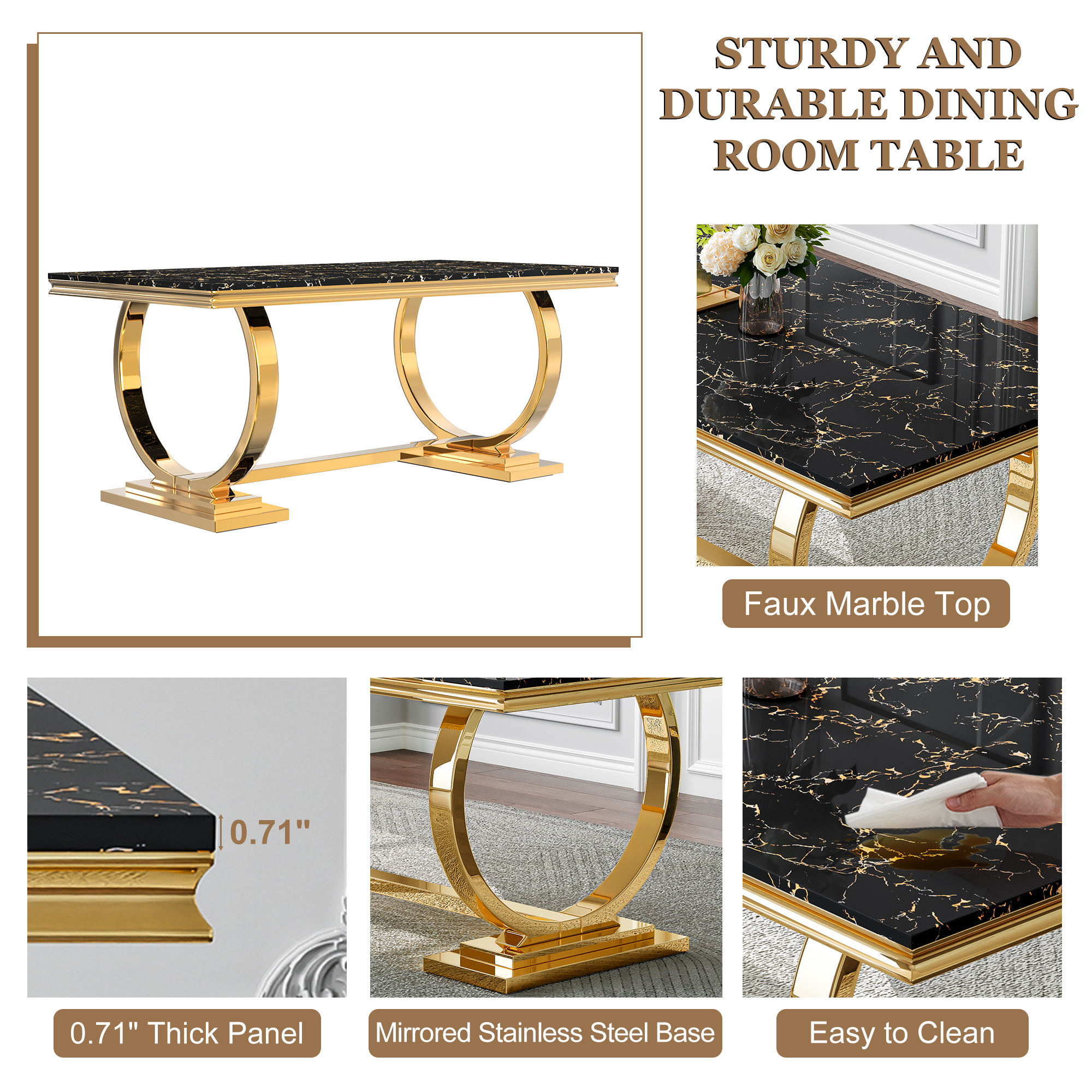 70" Rectangular Marble Dining Table, Polished Stainless Steel O-Shaped Base and Faux Marble Top for Dining Room or Kitchen