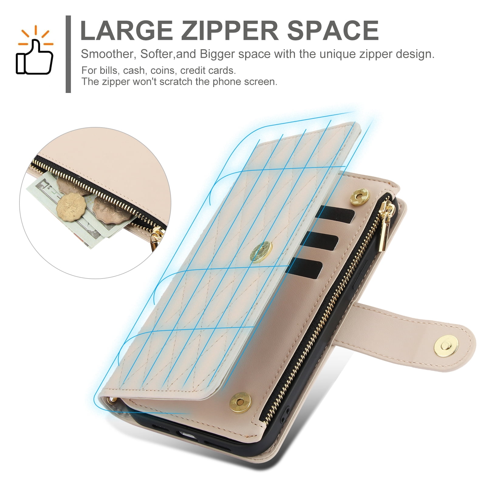 Phone Case for Apple iPhone 14 Plus, Premium iPhone 14 Plus Case with Wallet, Card Holder, Coin Zipper Pocket Shockproof Flip Cover Stand with Wrist Strap & Detachable Shoulder Strap,Apricot