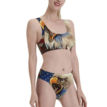 Uemuo Eagle With USA Flags Printed Women s High Waisted Bikini Sets Sporty Two Piece Swimsuits Color Block Cheeky High Cut Bathing Suits-Small