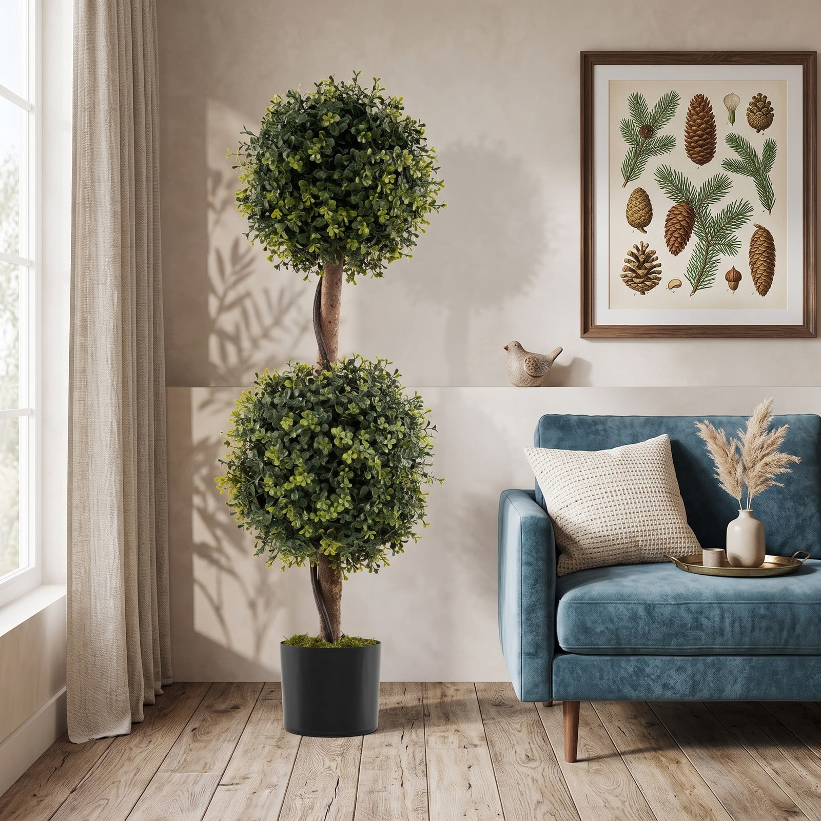 ALPULON Set of 2 Artificial Double Topiary Ball Trees, 35.5 Inch Faux Boxwood Plants with Cement-Filled Pots for Indoor Outdoor Home Office Front Porch Decor, Green