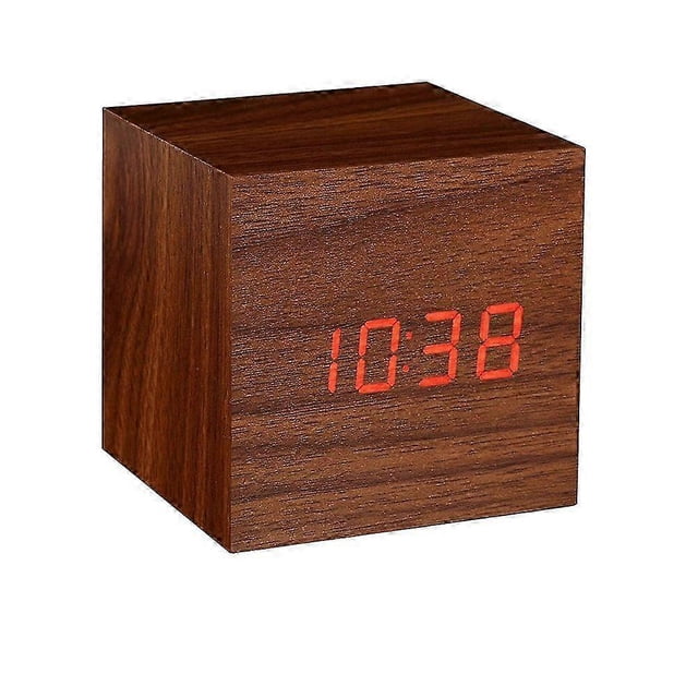 Brown Wooden Digital Alarm Clock with Touch and Sound Control for Travel and Desk Use