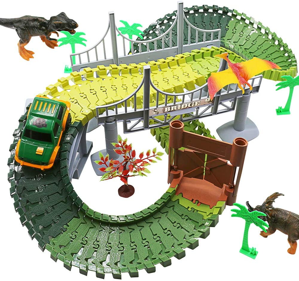 VCOSTORE Dinosaur Track Toys Dinosaur Car Race Track Set to Create A Dinosaur World Road Race,181 Pcs Cool Dinosaur Trucks Dinosaur Vehicle Playset Toys for 3-5 Years Old Boys