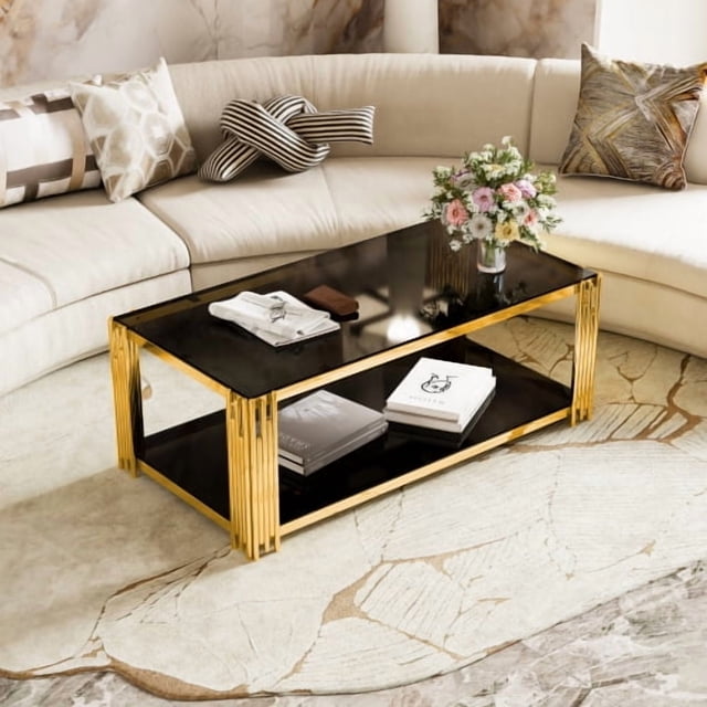 Taoruifang 47.5″ Black Mirror Coffee Table Asymmetrical Gold Metal Frame Lower Shelf