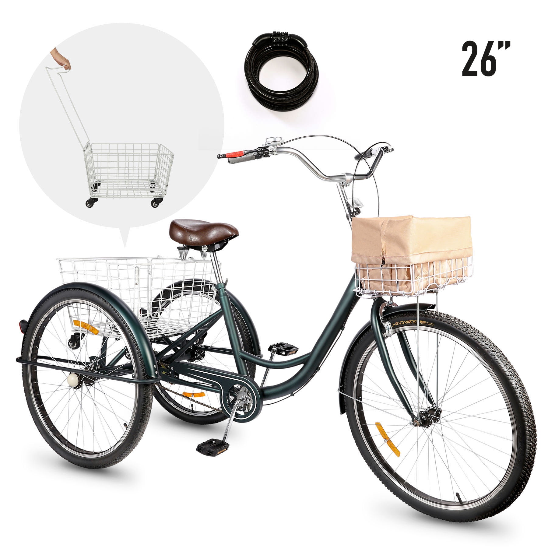 26" 3-Wheel Shimano 7-Speed Adult Tricycle Trike Bicycle Cruise Black Frame 