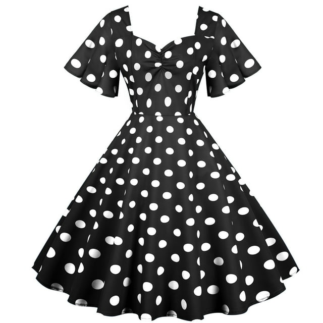 Generic C Women's Dress Retro New Travel Style Annual Meeting Skirt Wave Swing Short Sleeve Polka-Dot Mid-Length Large Swing Skirt