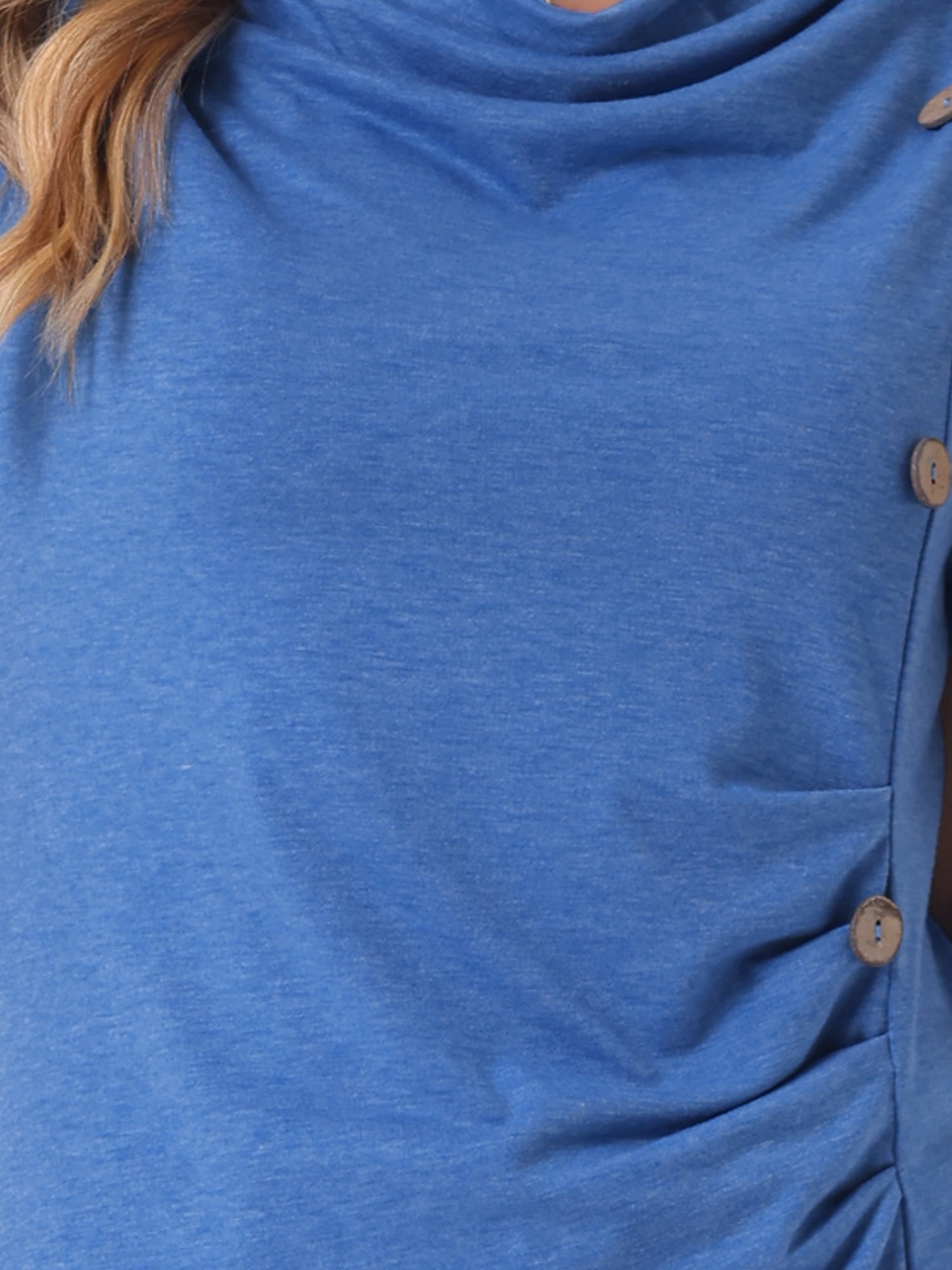 DARING DIVA Women's Cowl Neck Ruched Short Sleeve Tops with Button Decor M Blue