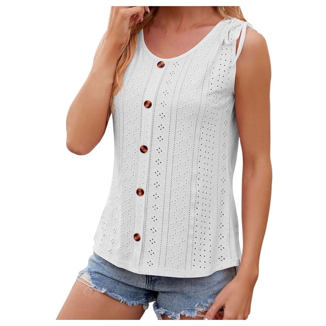 WEAIXIMIUNG White T Shirts for Women Fitted Women's Summer Solid Color Round Neck Button Drawstring Loose Vest Top