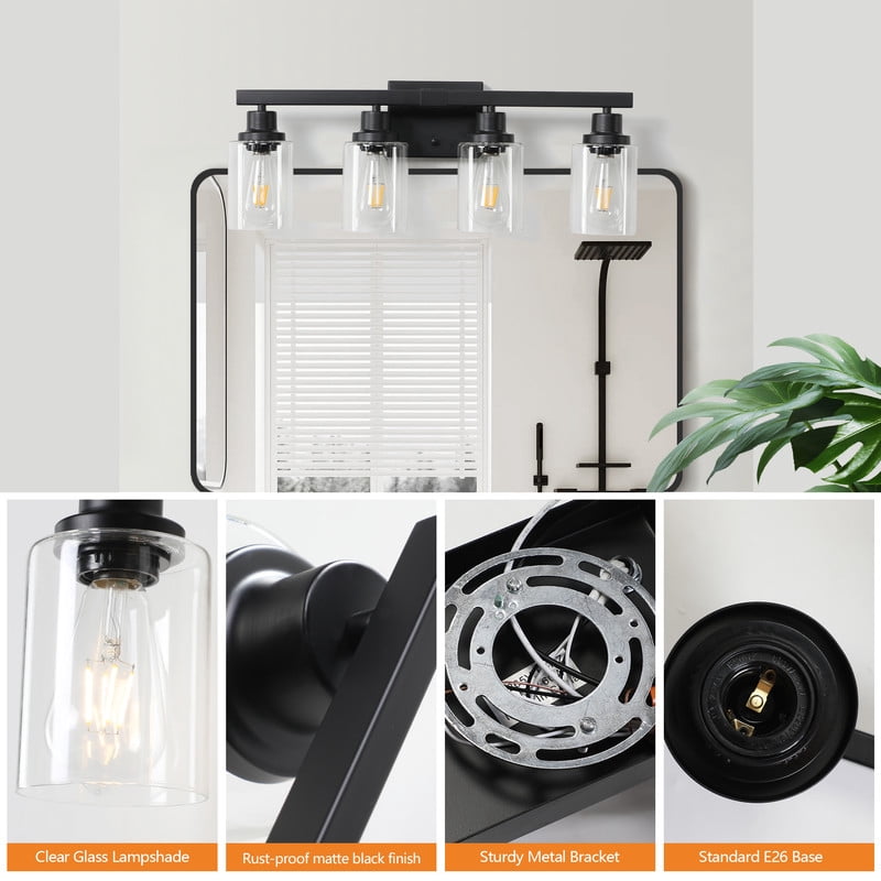 24" Black 4-Light Bathroom Vanity Light Fixture, Industrial Wall Sconce with Clear Glass Shades for Bathroom Lighting Over Mirror, Bedroom, Hallway – E26 Base (Bulbs Not Included)