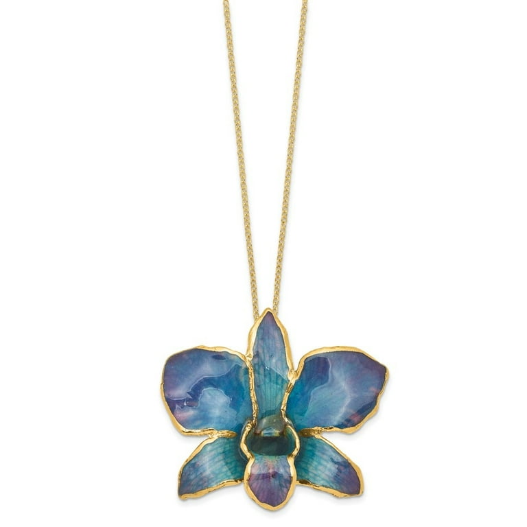 Lacquer Dipped Gold Trimmed Blue and Purple Dendrobium Real Orchid Necklace Lacquer Dipped Gold Trimmed Blue and Purple Dendrobium Real Orchid Necklace