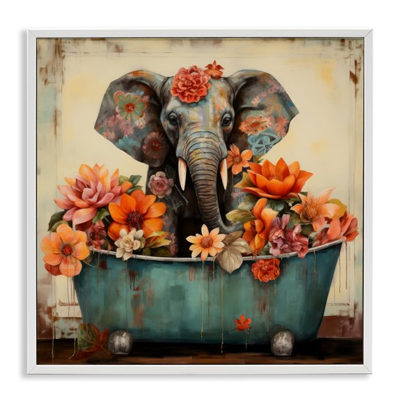 Stupell Industries Rustic Lodge Rustic Floral Tub Elephant White Framed Giclee Art, 17 x 17, by Lazar Studio