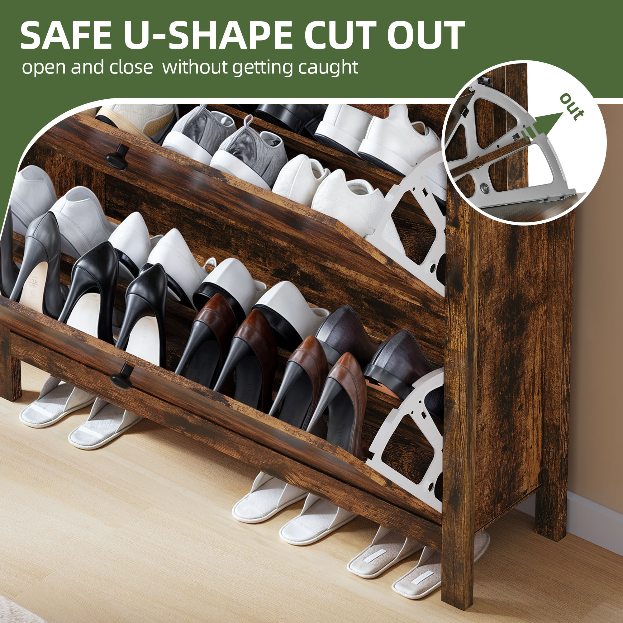 Uforic Shoe Cabinet with 2 Flip Drawers, Hidden Shoe Storage Rack Organizer, Brown