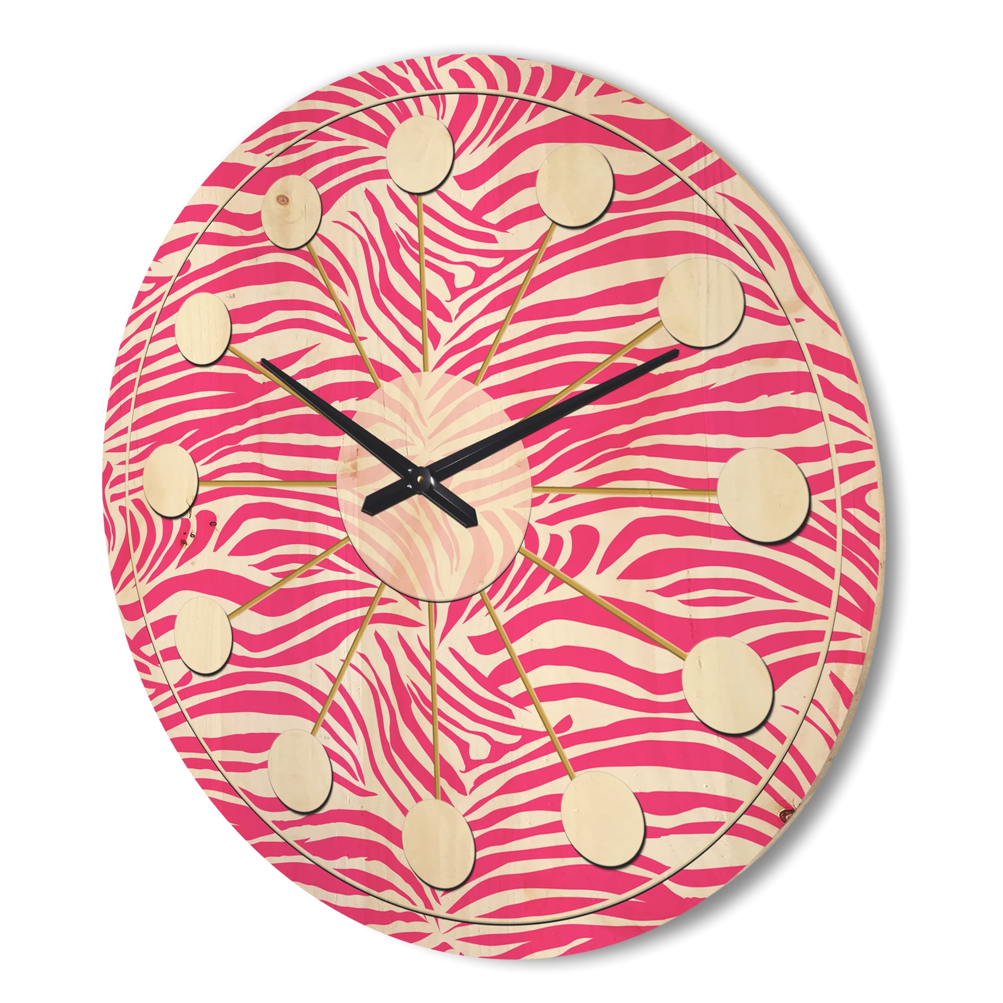 Designart 'Glamour Zebra Animal Pink Pattern' Mid-Century Modern Wood Wall Clock