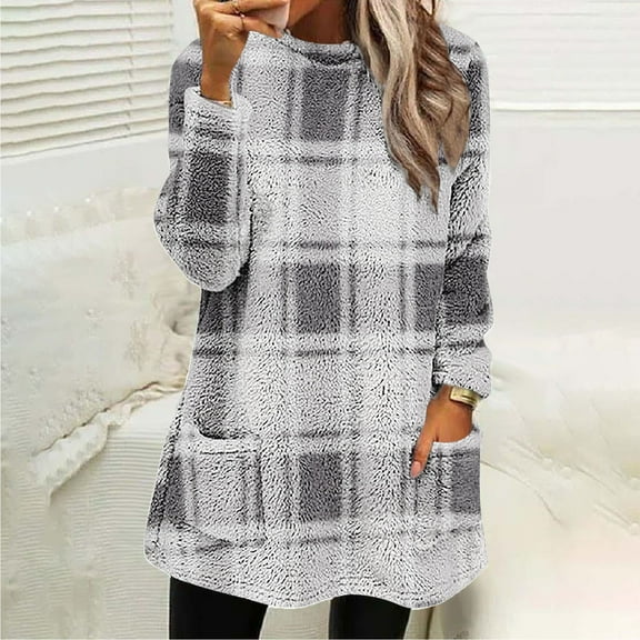 Craaazy Womens Shirts Fuzzy Fleece Plaid Sweatshirt Plush Soft Long Sleeve Pullover Tops With Pockets Gifts For Women
